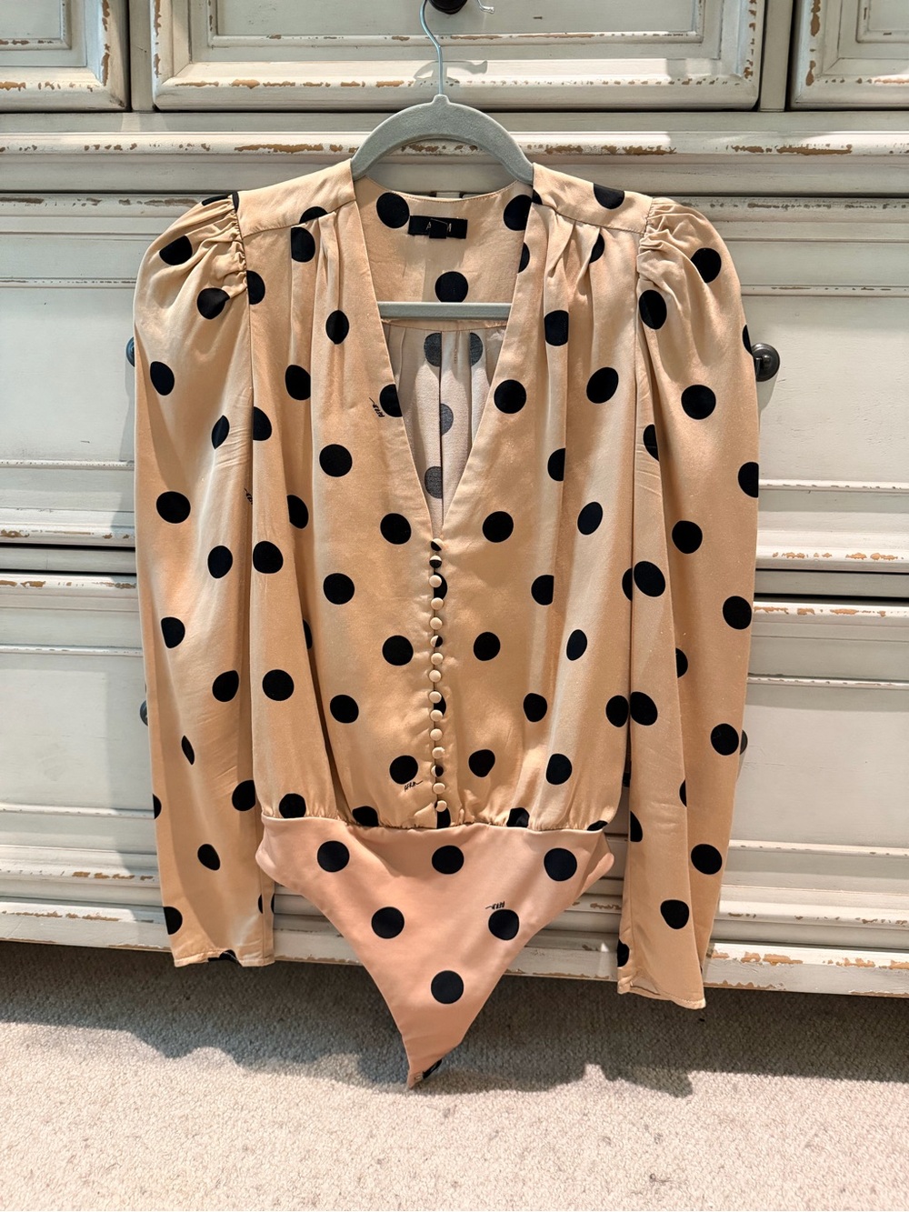 AFRM Beige Polka Dot Wrap-Front Bodysuit with Black Dots
